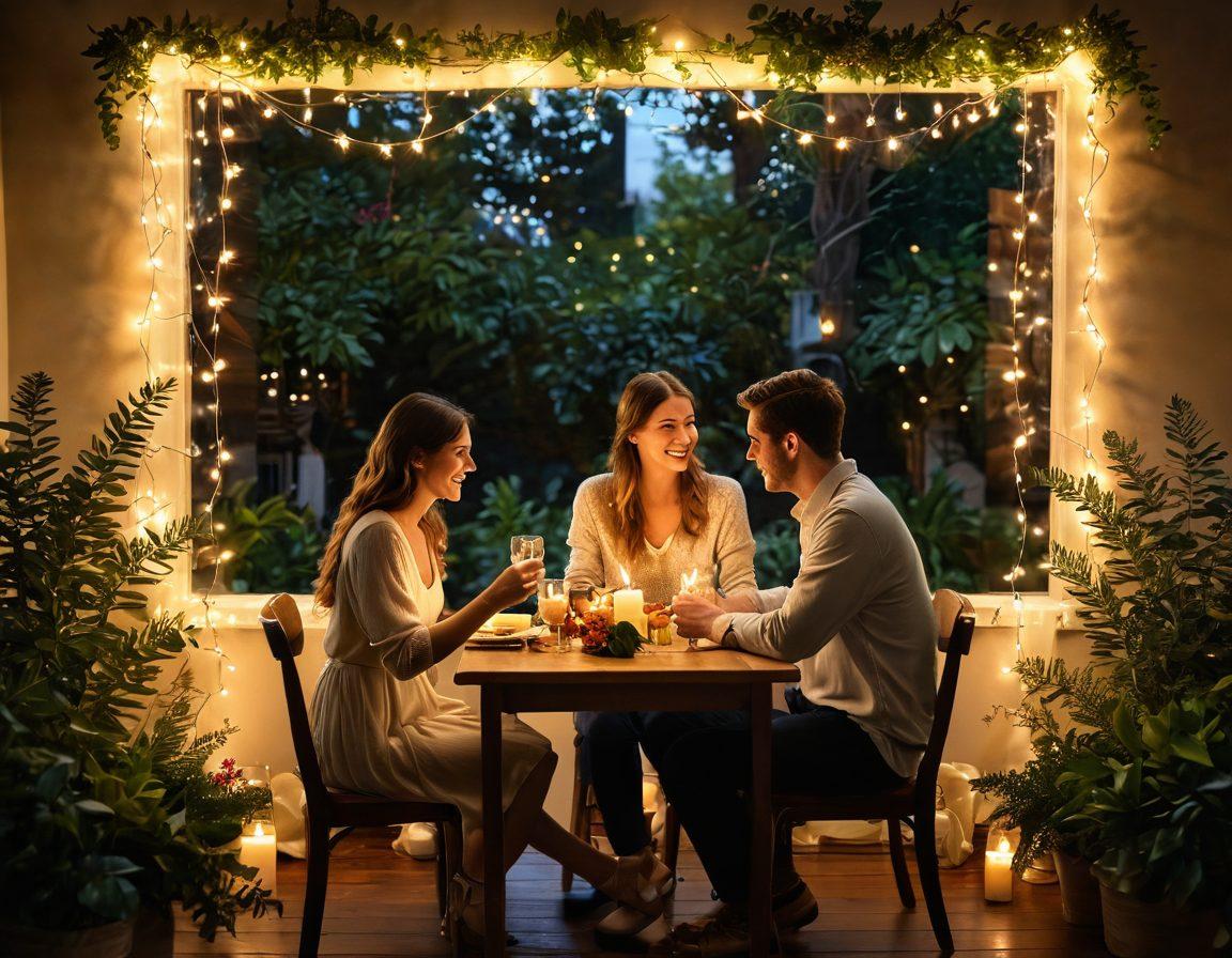 A warm, inviting scene of two people sharing a heartfelt conversation over a cozy candlelit dinner, surrounded by soft fairy lights and lush greenery. Their expressions radiate joy and connection, with a small table adorned with a beautifully arranged floral centerpiece. Include elements symbolizing passion, such as intertwined hands and glowing hearts in the background. painting. vibrant colors. warm tones.