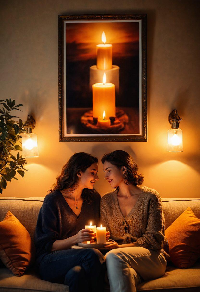 A warm and inviting scene depicting two figures sitting closely on a cozy sofa, engaged in deep conversation, surrounded by soft, ambient lighting. Include elements like a flickering candle and a cup of steaming tea to enhance intimacy, while showcasing a backdrop of framed memories on the wall. The overall atmosphere should radiate warmth, connection, and love. soft focus. vibrant colors. cozy ambiance.