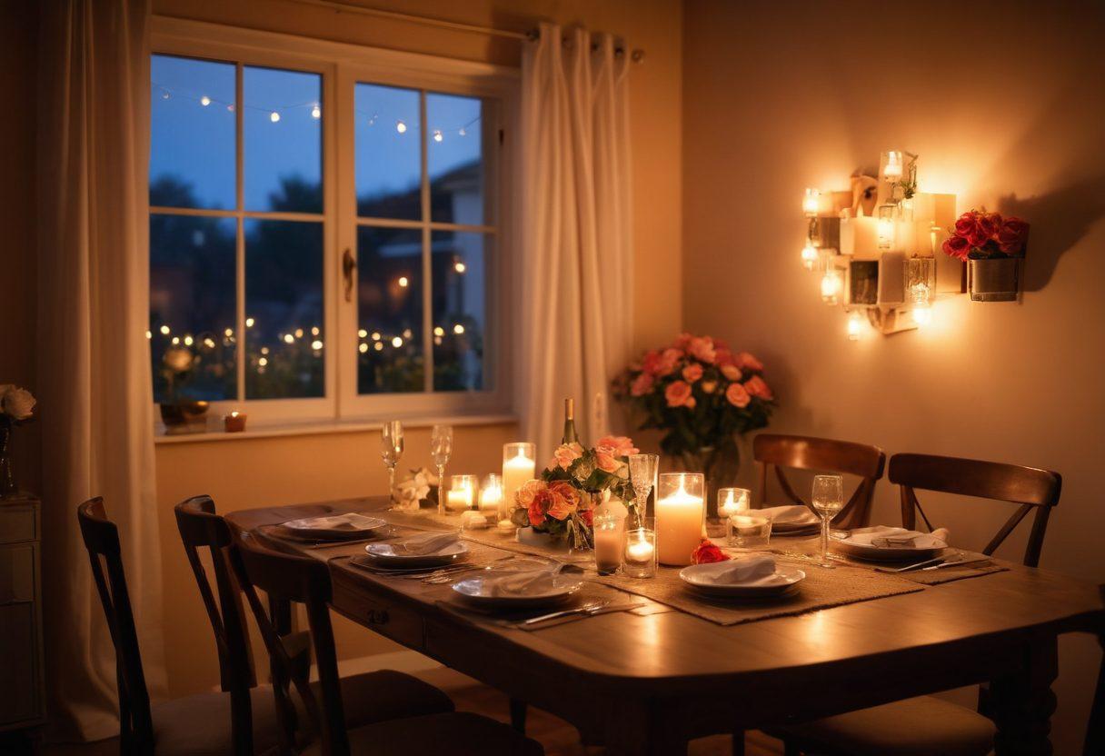 A cozy intimate setting with a softly lit room featuring a beautifully set dinner table adorned with candles and roses. In the background, a couple is seen sharing a loving glance, with warm colors and gentle shadows enhancing the romantic atmosphere. Subtle hints of sparkling fairy lights around the room add to the enchanting vibe. The overall feel should convey warmth, love, and deep connection. super-realistic. warm tones. cozy atmosphere.